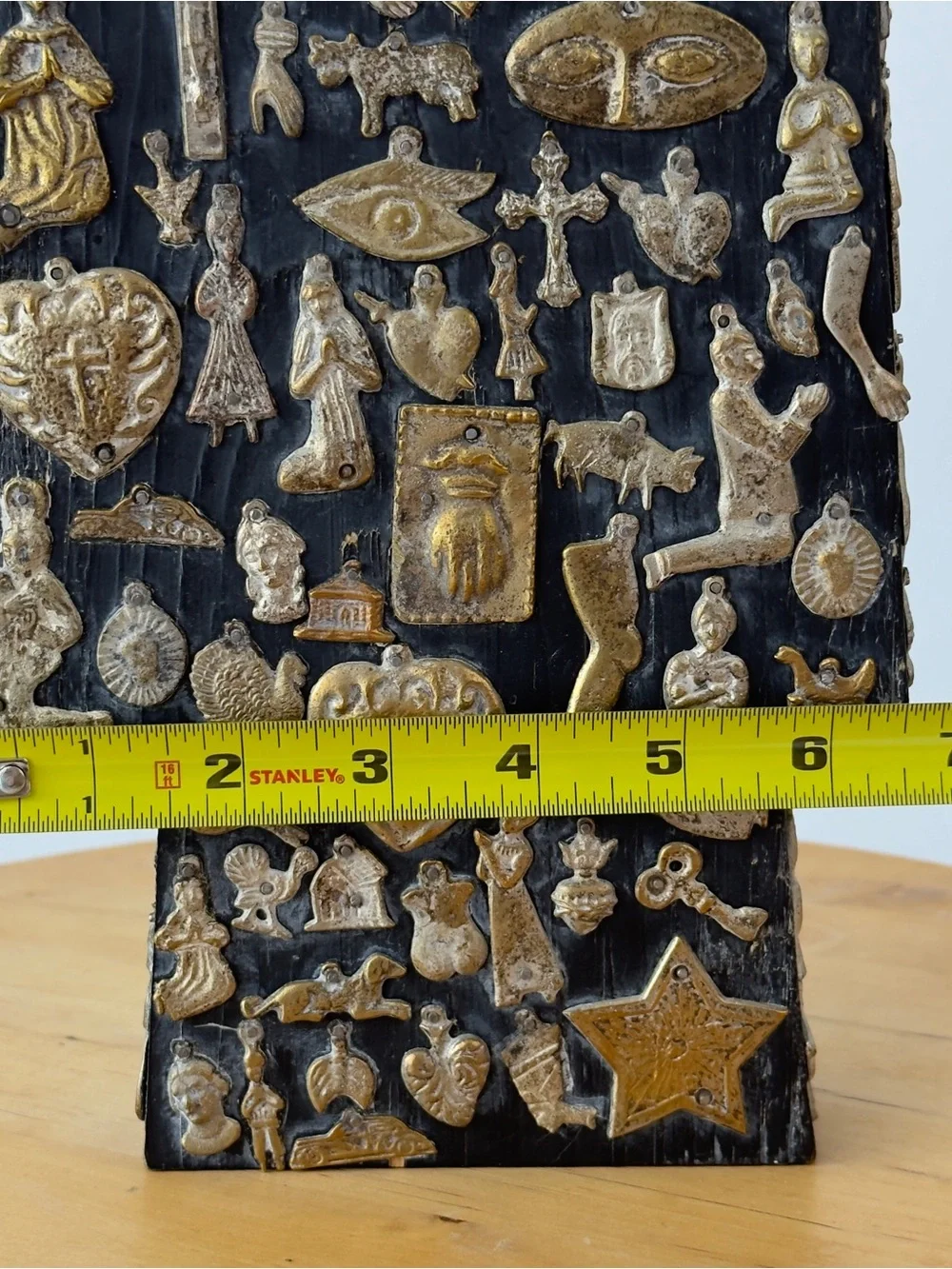 Vintage Estela Ogazon? Milagros Cross Mexican Tin Punched Folk Art,Nailed Charms